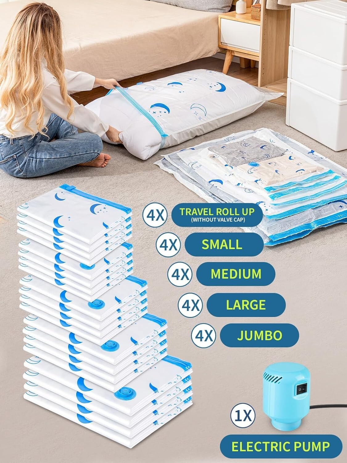20 Pack Vacuum Storage Bags with Electric Pump - Space-Saving in Jumbo to Small