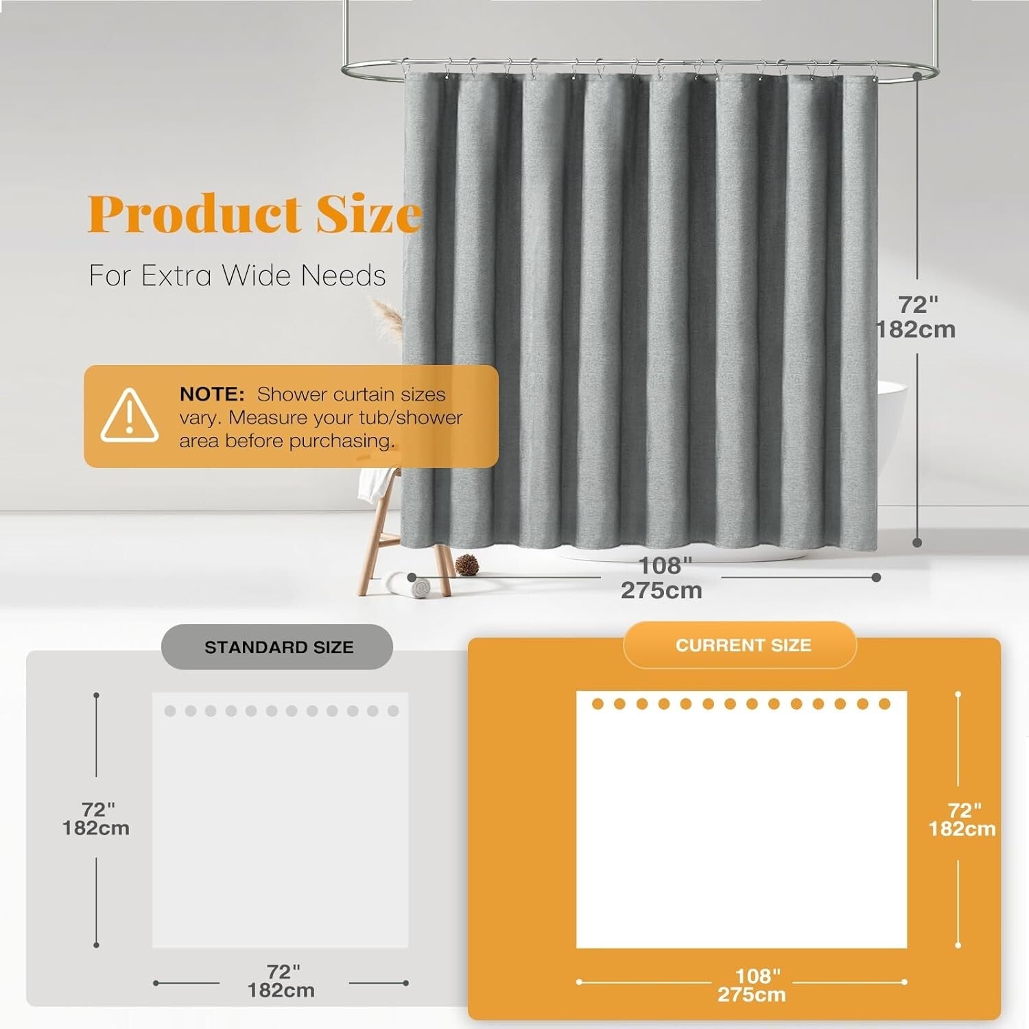 Extra Wide 108x72 Inch Waterproof Linen Textured Shower Curtain Set in Grey