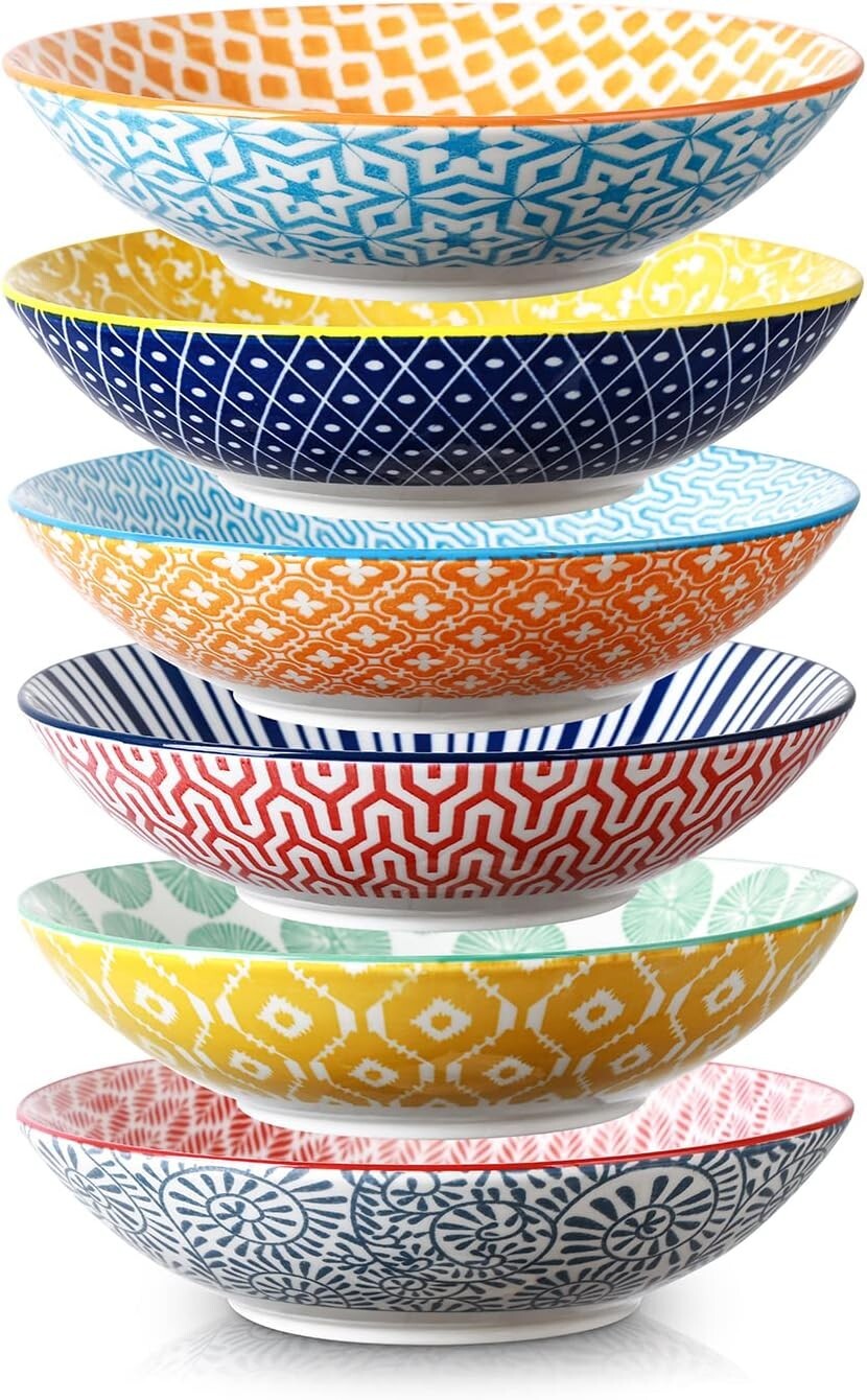Durable Colorful 9-Inch Pasta & Salad Bowls - Set of 6, Oven & Microwave Safe