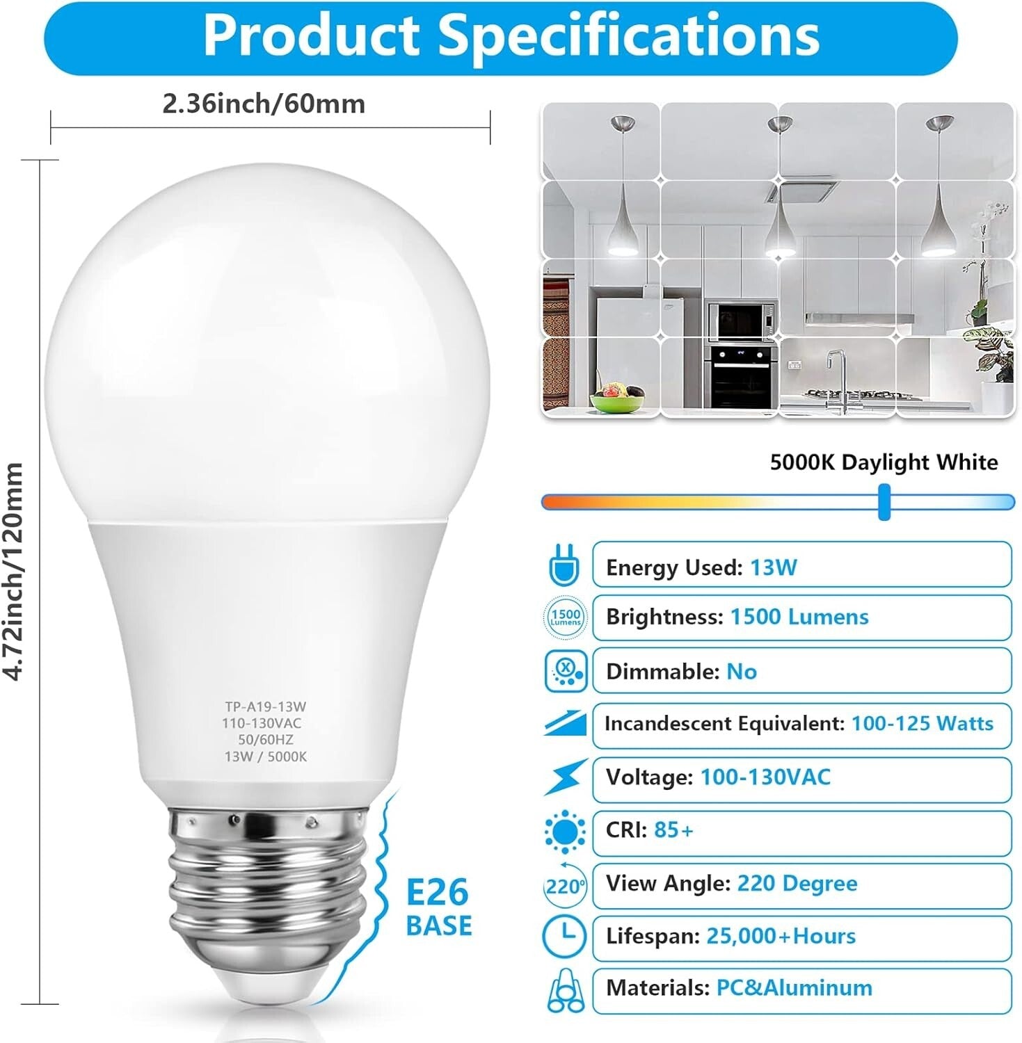 10-Pack A19 LED Light Bulbs - 100W Equivalent, Daylight White 5000K Brightness