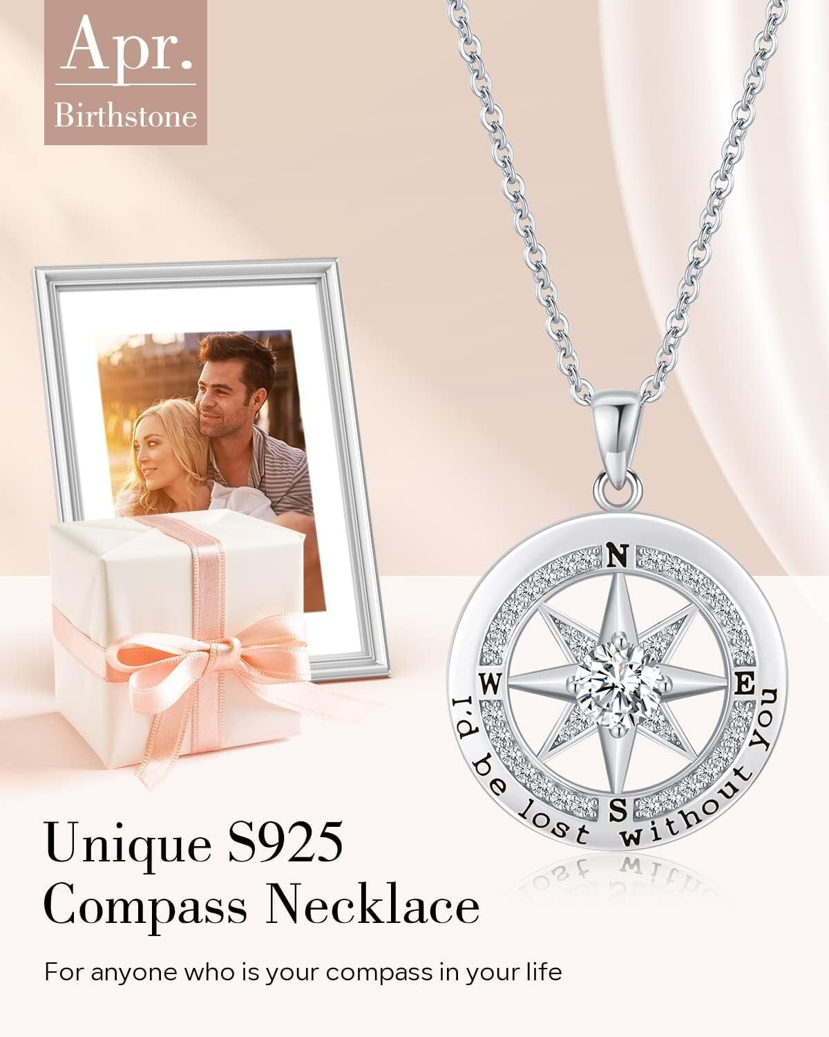 Elegant Compass Necklace in S925 Silver - Dazzling Gift for Wife or Girlfriend