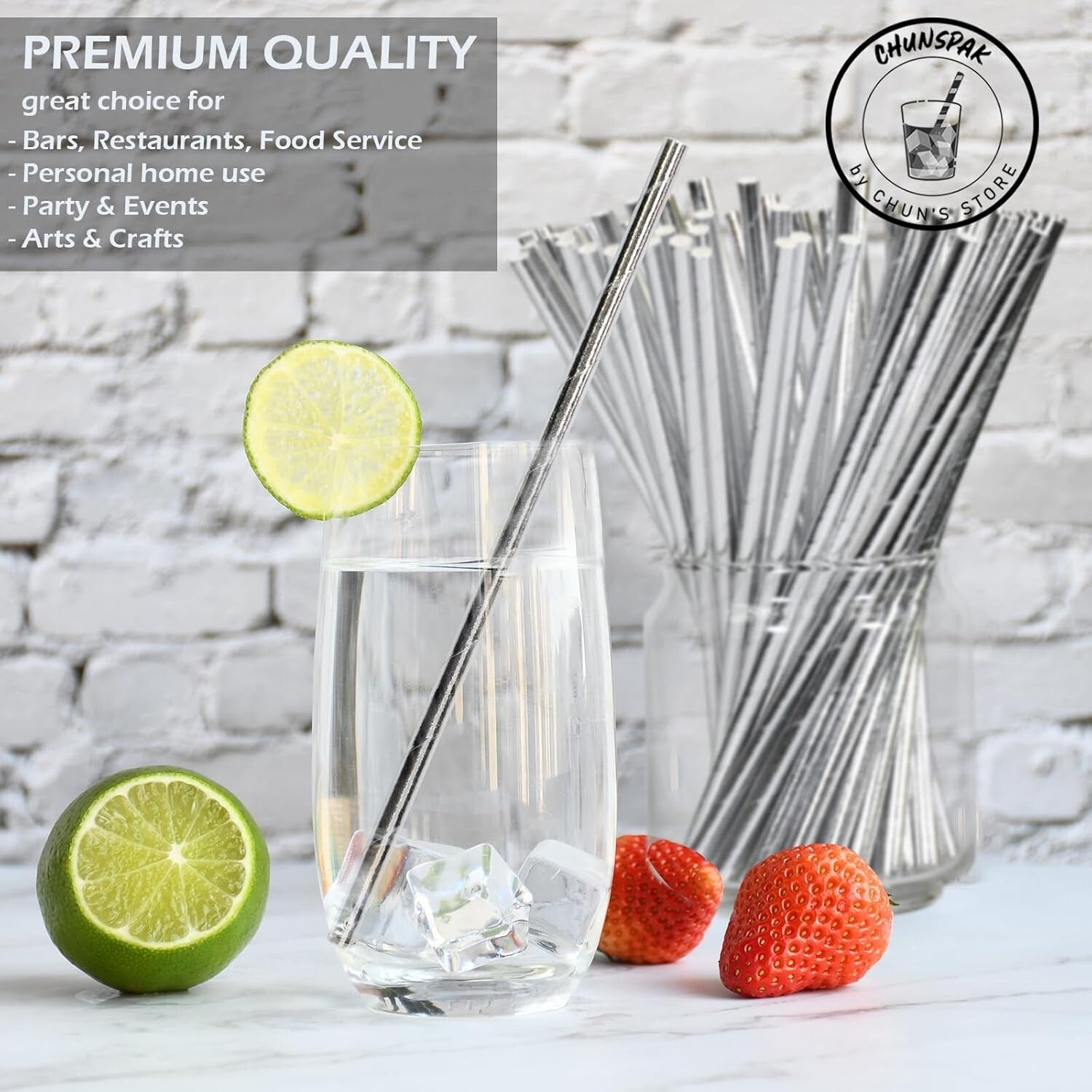 7.75" Stylish Silver Disposable Paper Straws - Perfect for Cocktails & Parties