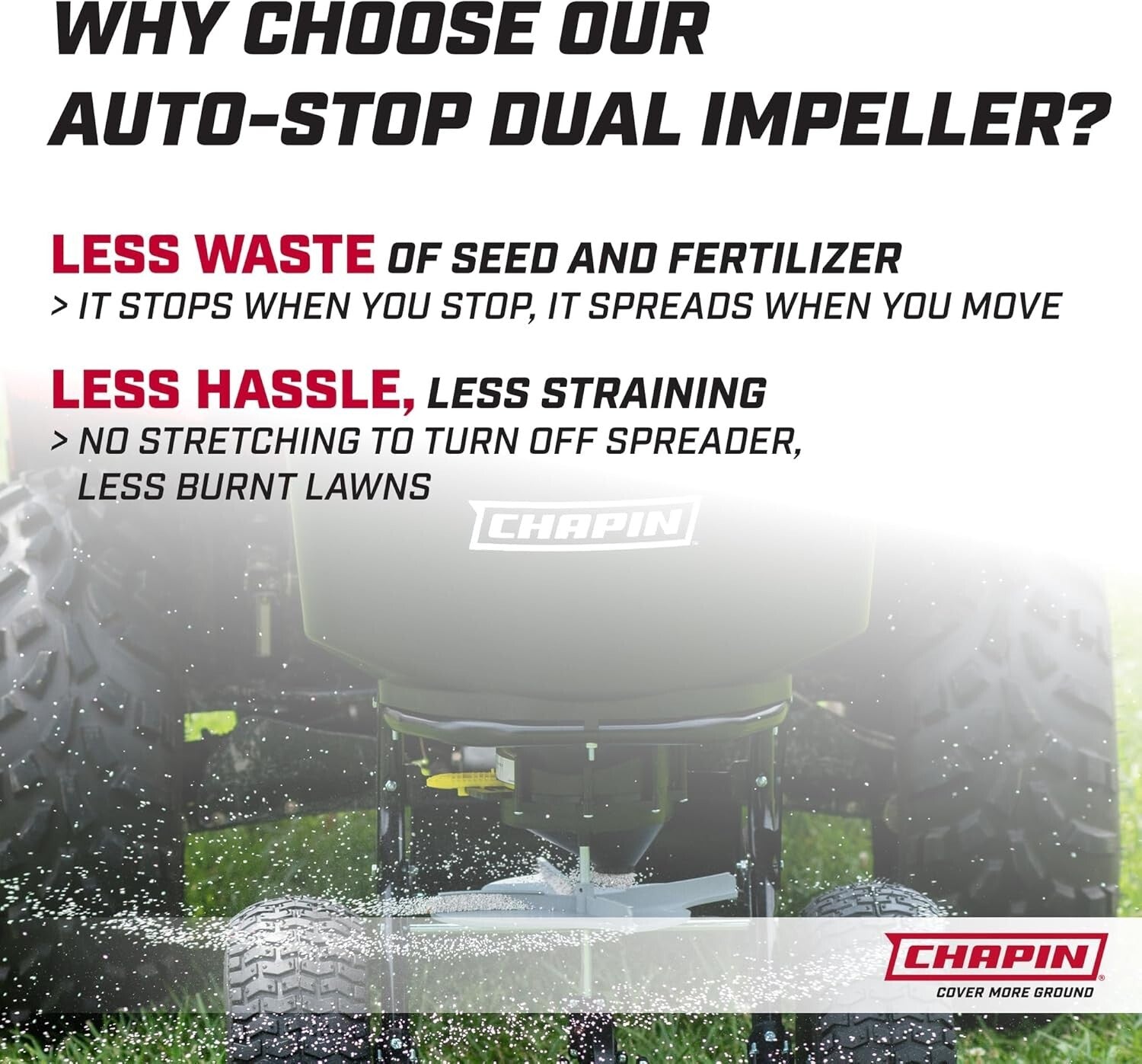 2.2 Cu Ft Tow Behind Spreader: Auto-Stop Dual Impeller & Heavy-Duty Tires