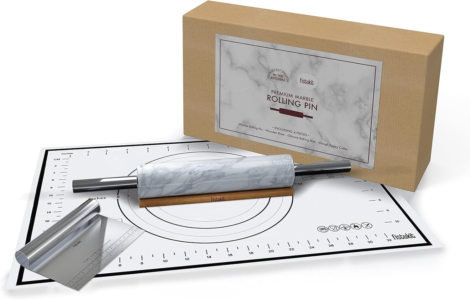 White Marble Rolling Pin Set with Stainless Steel Handles & Baking Accessories