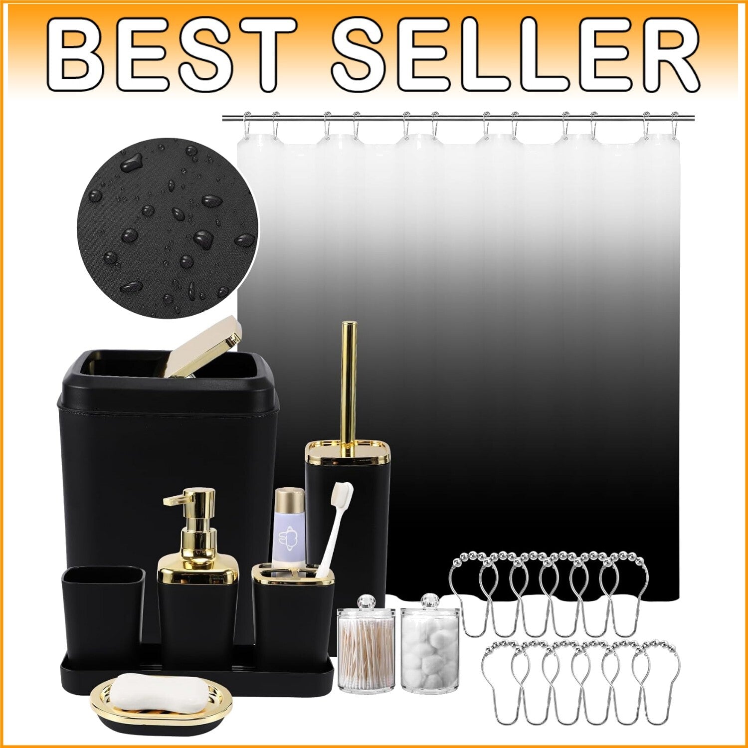Elegant 22PC Bathroom Accessories Set in Black Ombre with Easy-Clean Features