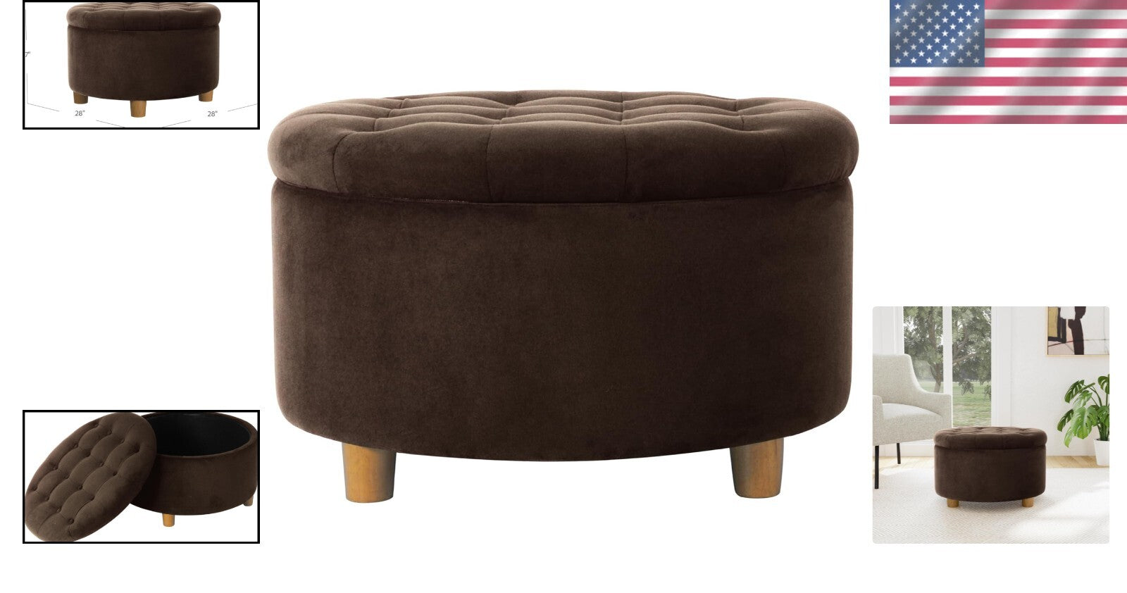 Chic Button Tufted Velvet Ottoman with Honey Oak Legs - Stylish Storage Solution