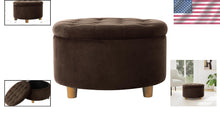 Load image into Gallery viewer, Chic Button Tufted Velvet Ottoman with Honey Oak Legs - Stylish Storage Solution