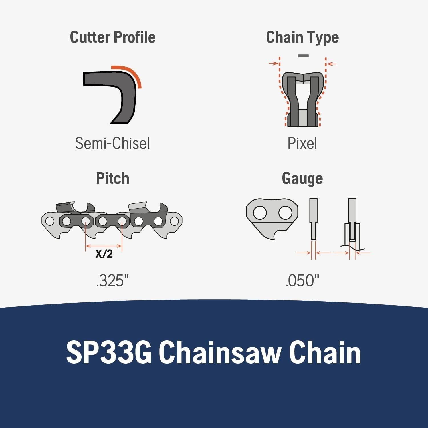 16 Inch Chainsaw Chain - X-Cut SP33G, Low Kickback, Perfect for Arborists - 2pk