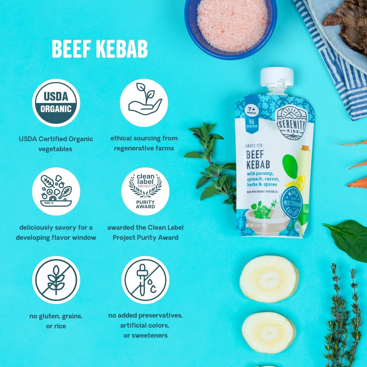 Flavorful 7+ Months Organic Baby Food Pouches - Beef Kebab & Veggies, 12 Pack