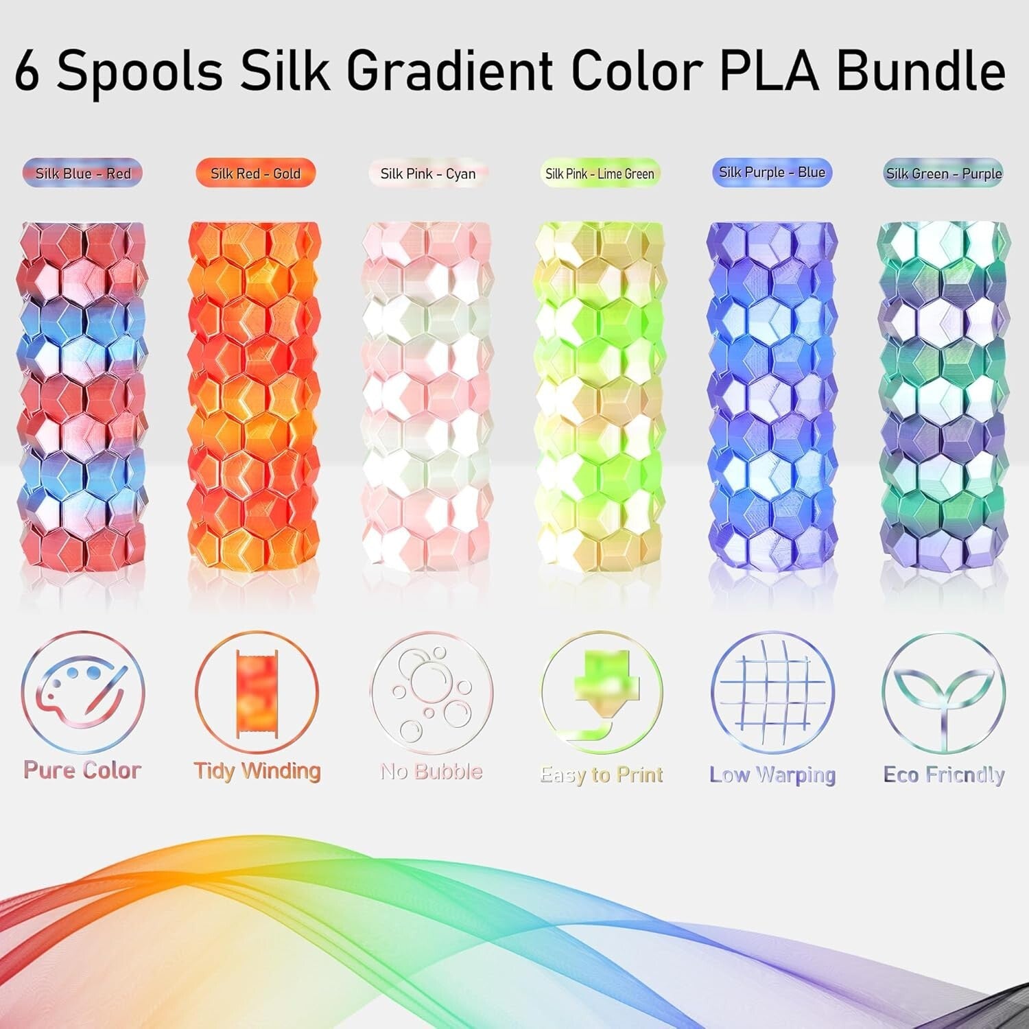 Creative 1.5kg Bundle: 6 Mixed Color Change Silk PLA Filaments for 3D Printing