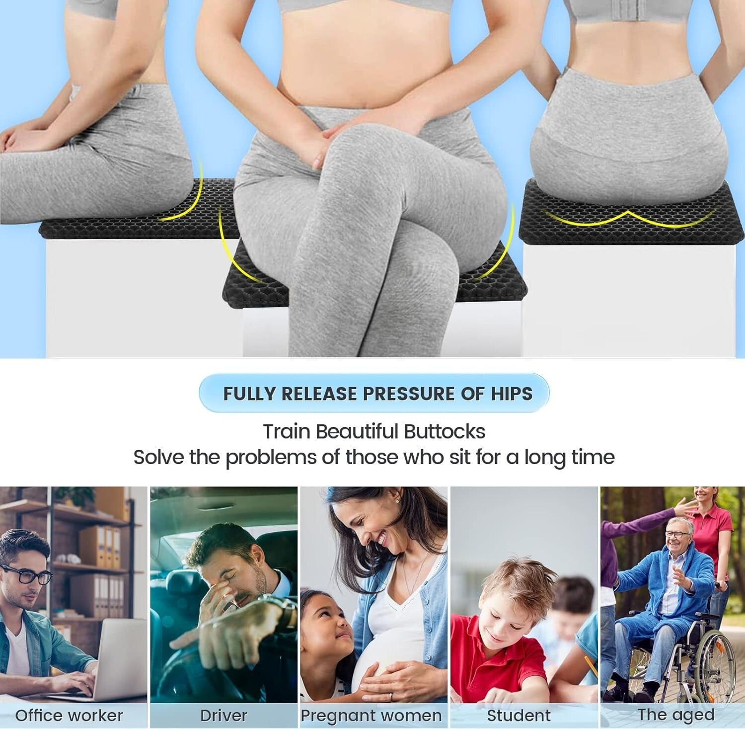 Pain-Relief Gel Seat Cushion with Non-Slip Bottom - Perfect for All Chairs