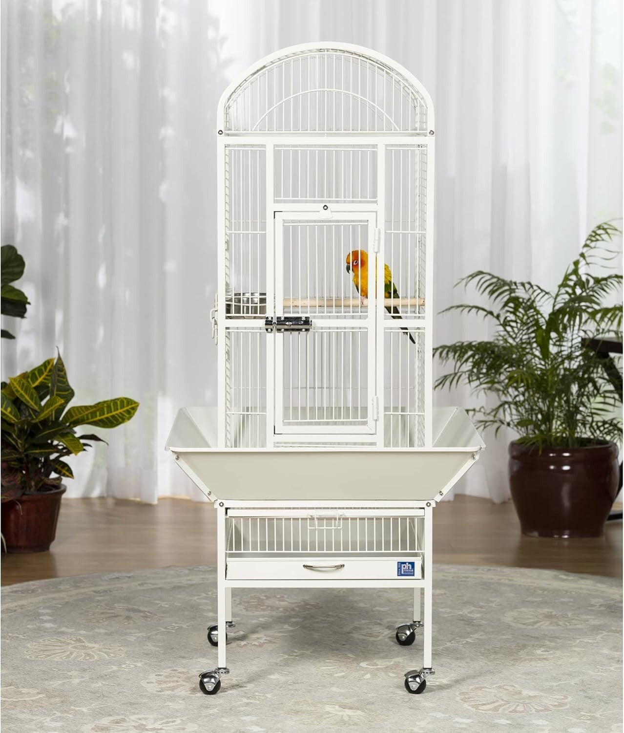 Chalk White Wrought Iron Bird Cage with Rounded Seed Guards and Rolling Stand