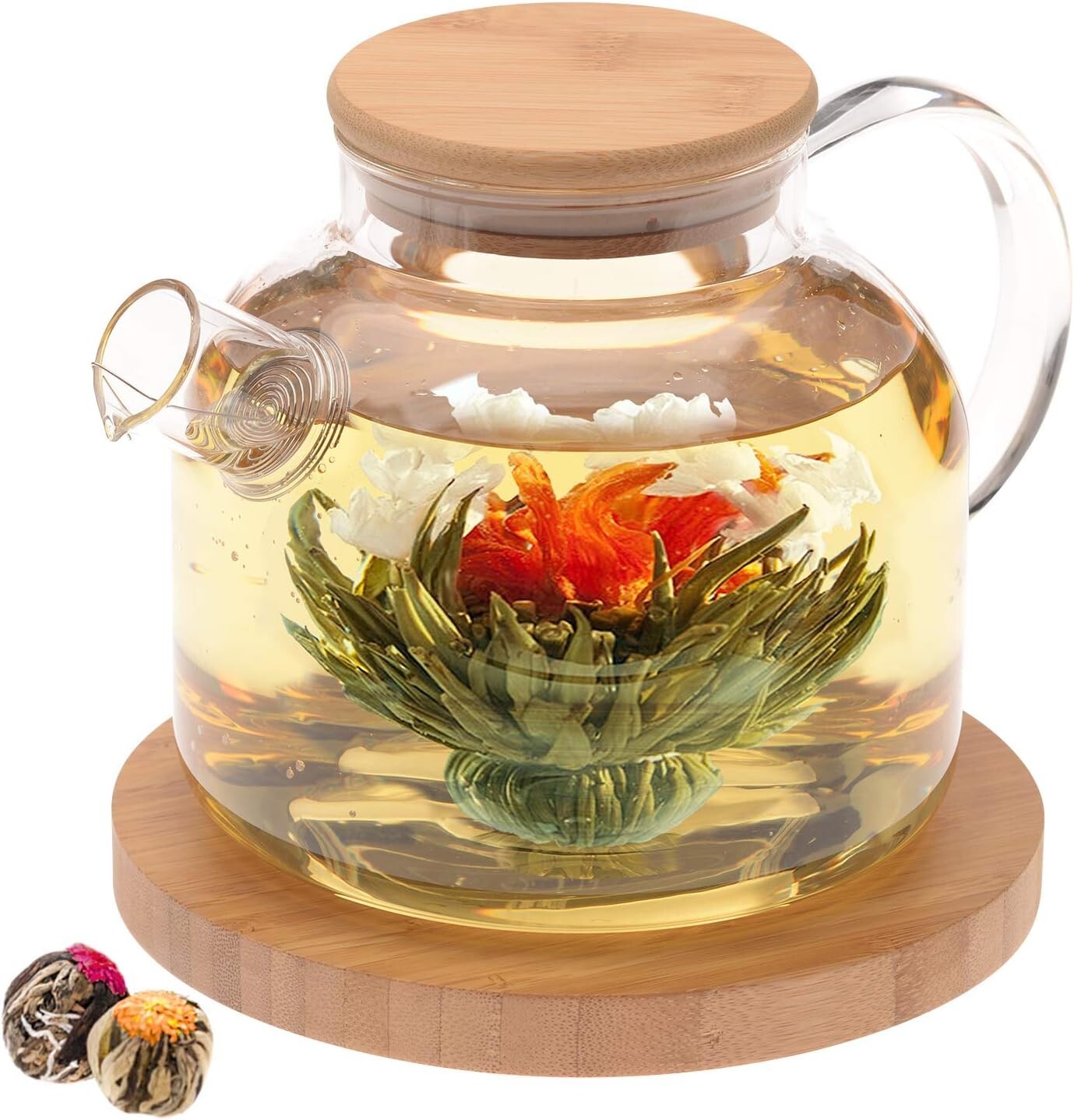 Elegant 40oz Borosilicate Glass Teapot with Bamboo Lid & Blooming Tea Gift Set