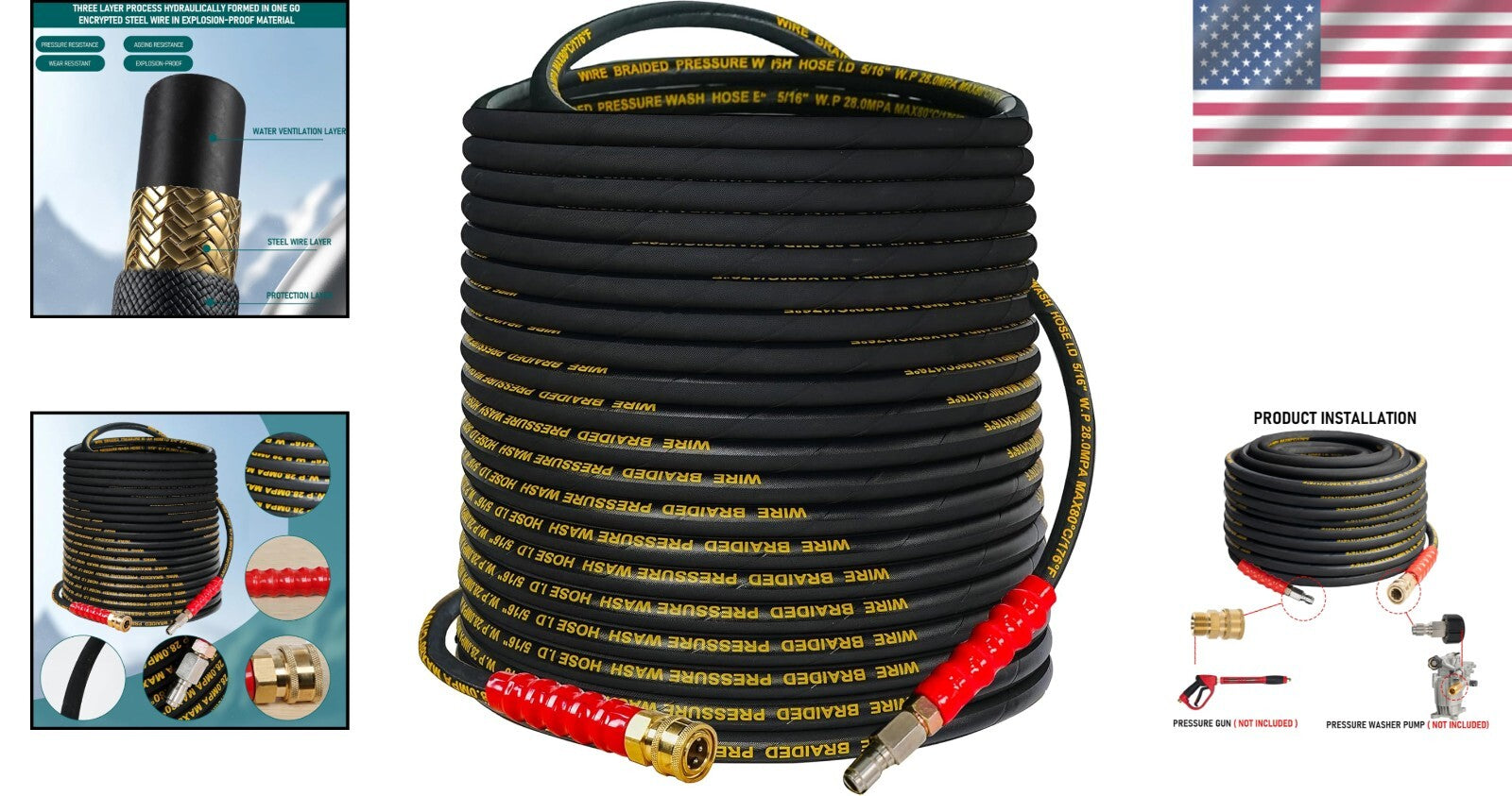 Durable 100FT Rubber Kink Resistant Hose for Efficient 4000 PSI Pressure Washing