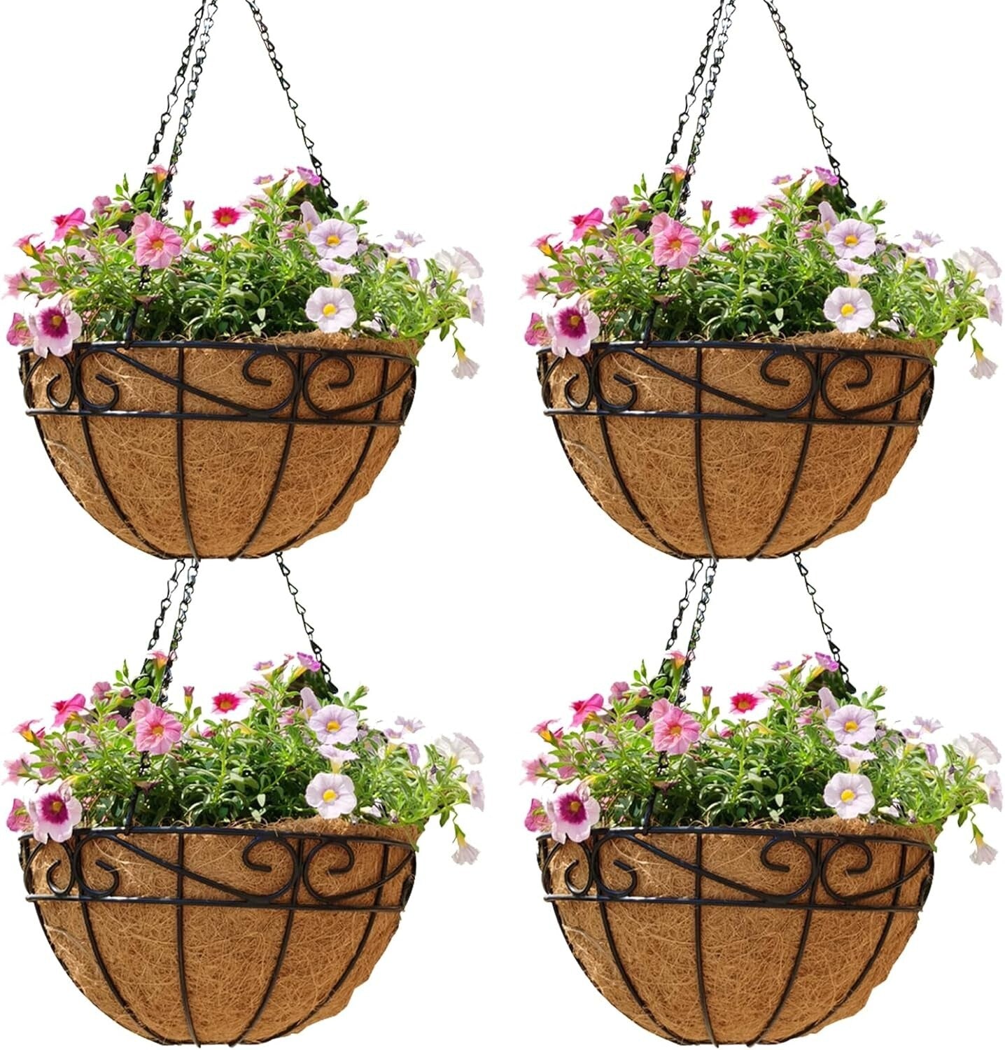 Stylish Set of 4 14" Hanging Planters with Coco Fiber - Ideal for Outdoors