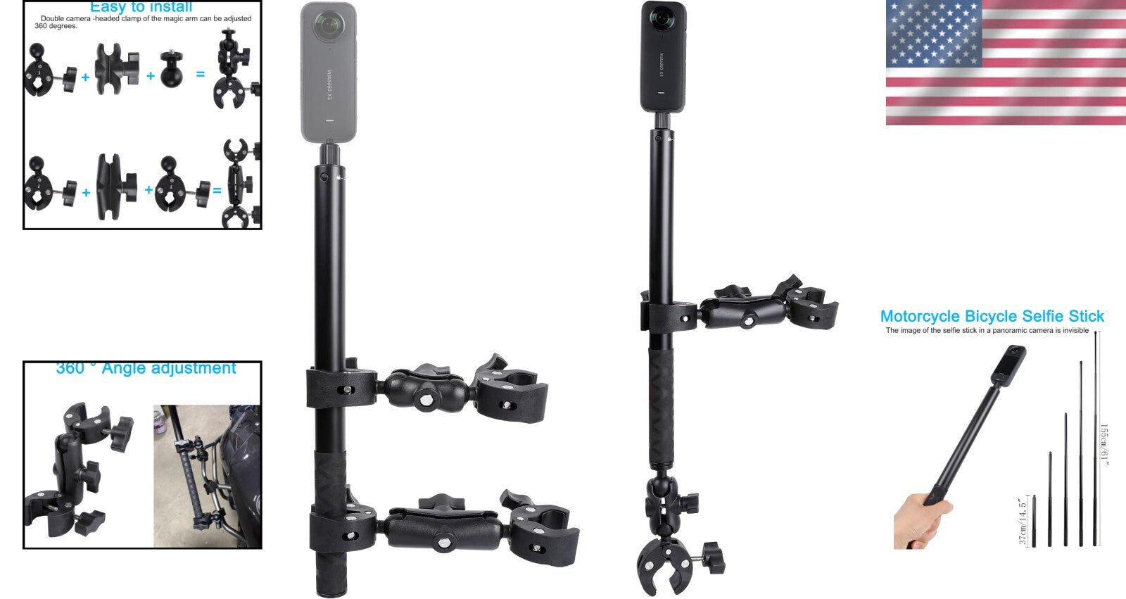 Adjustable Insta360 Motorcycle Mount Kit with 155cm Selfie Stick & Accessories