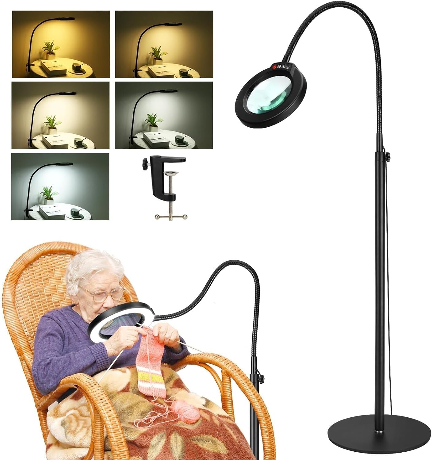 Ergonomic Magnifying Floor Lamp with 5X Lens and Adjustable Lighting Features