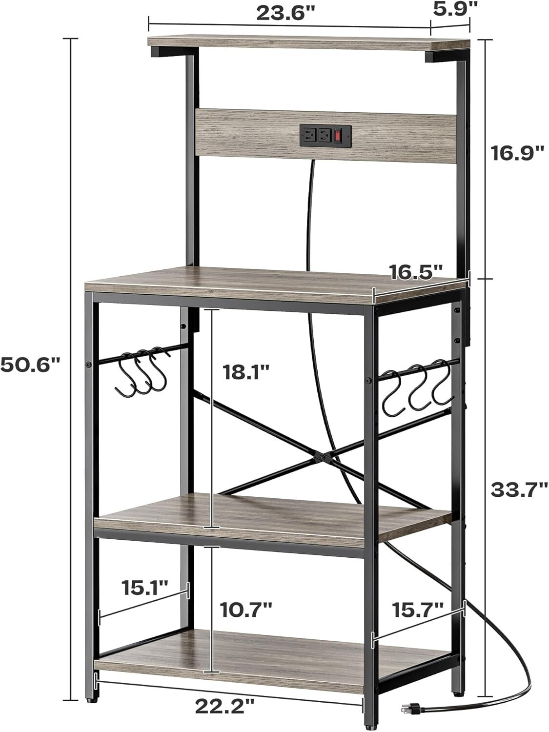 Versatile Kitchen Bakers Rack with Power Outlets & 6 Hooks for Easy Organization