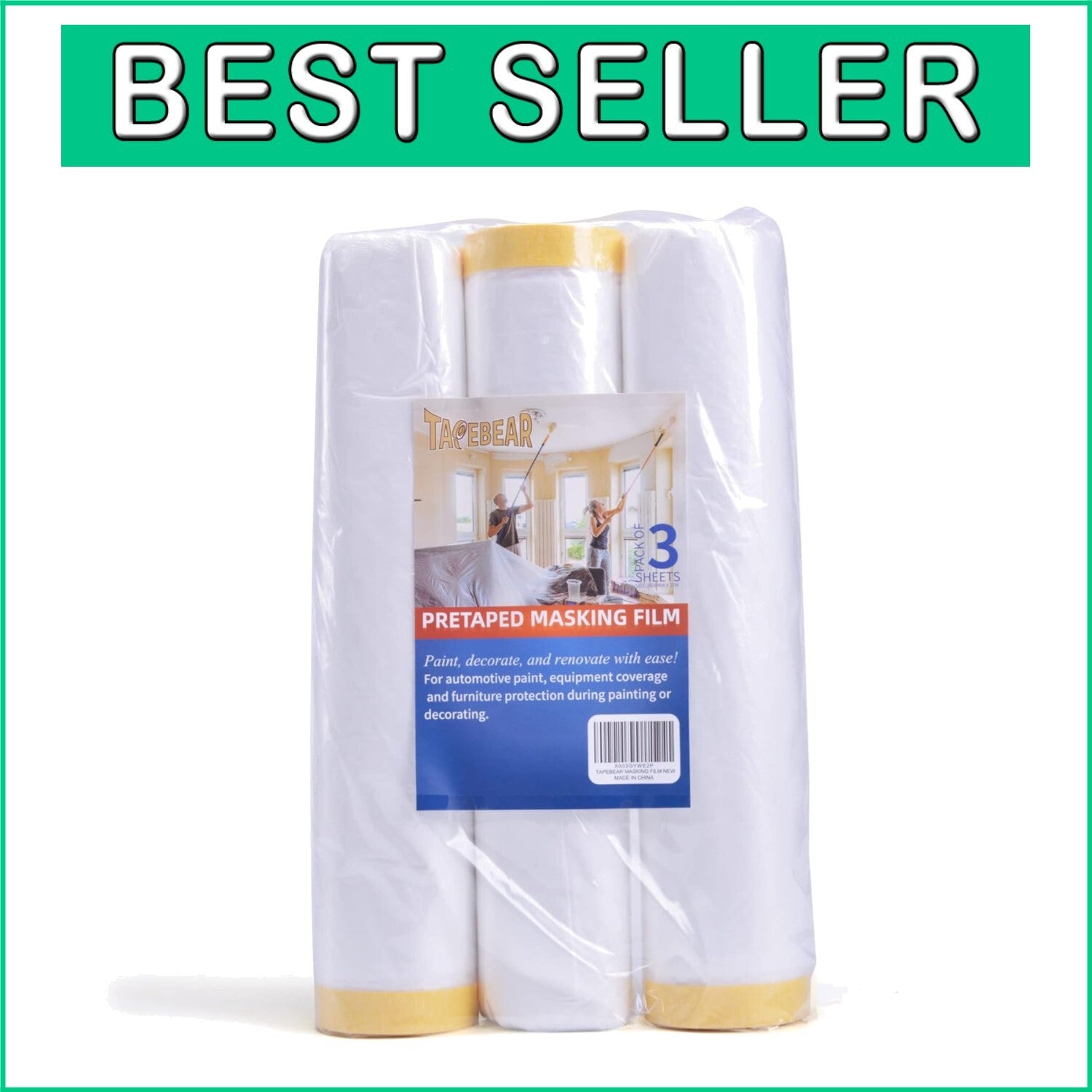 3-Pack Pre-Taped Masking Film Rolls 9ft x 90ft for Ultimate Surface Protection