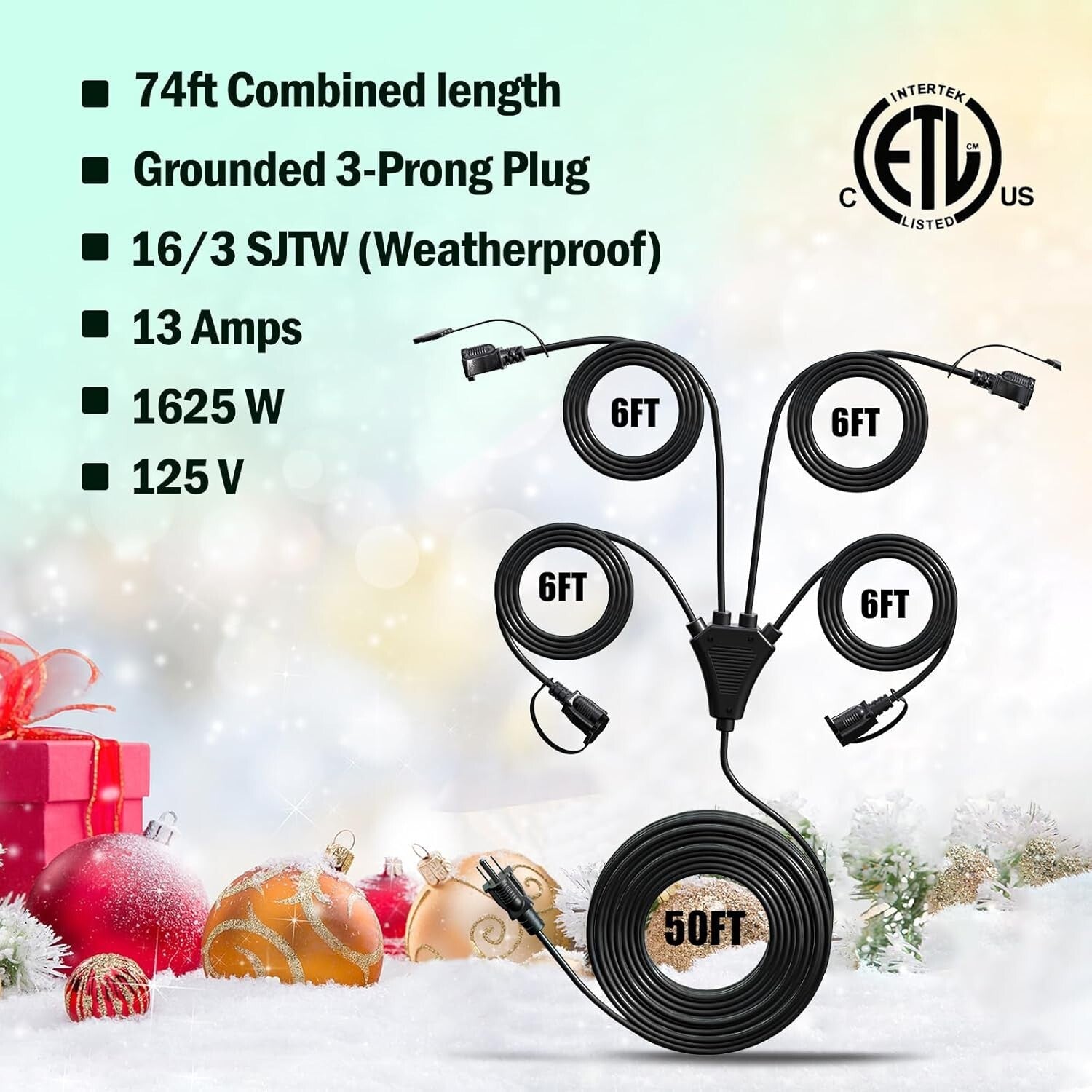 Heavy-Duty 16/3C 4-Outlet Splitter Extension Cord, 74 FT Ideal for Outdoor Decor