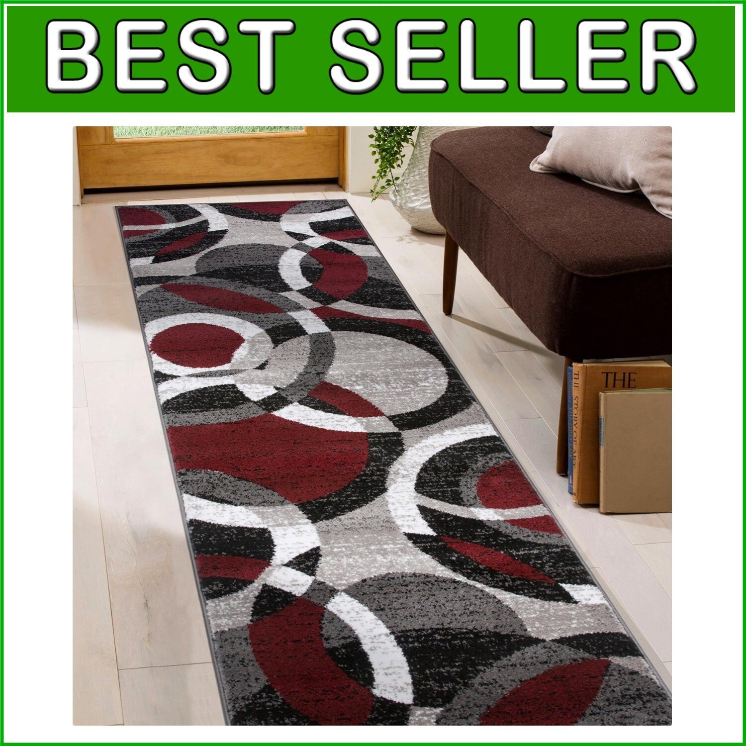 Durable Red Abstract Geometric Runner Rug - Perfect for Living Rooms & Kitchens