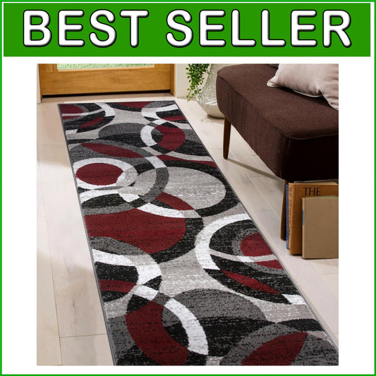 Durable Red Abstract Geometric Runner Rug - Perfect for Living Rooms & Kitchens