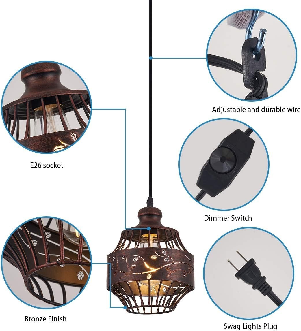 Dimmable Metal Hanging Pendant Light - 16Ft Cord for Living Room & Study Spaces