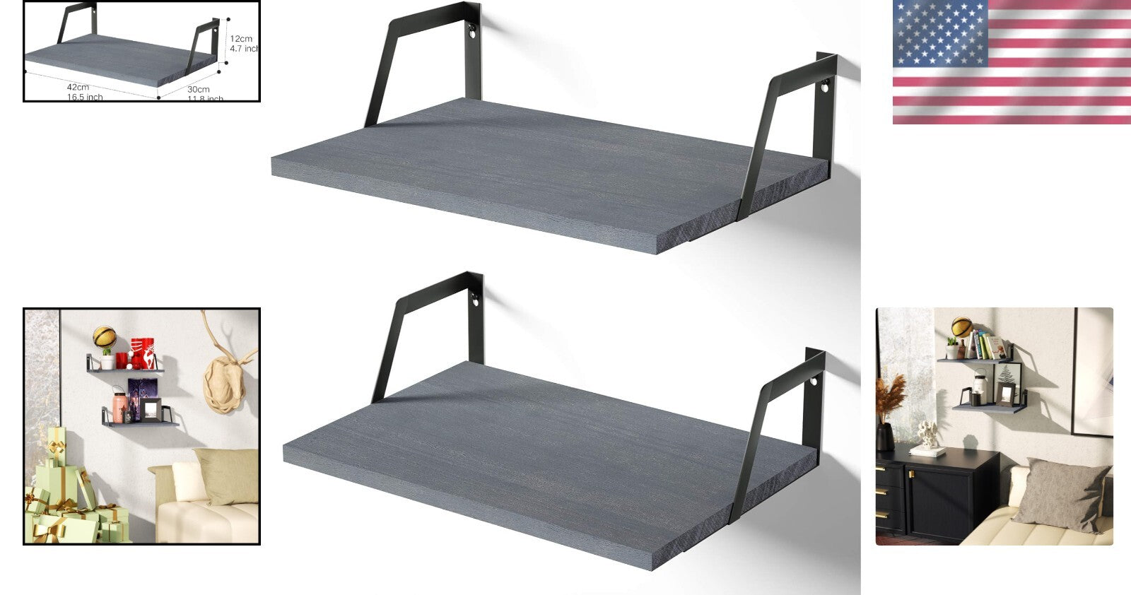 Rustic Floating Shelves Set of 2 - Weathered Gray Wood with Large Capacity