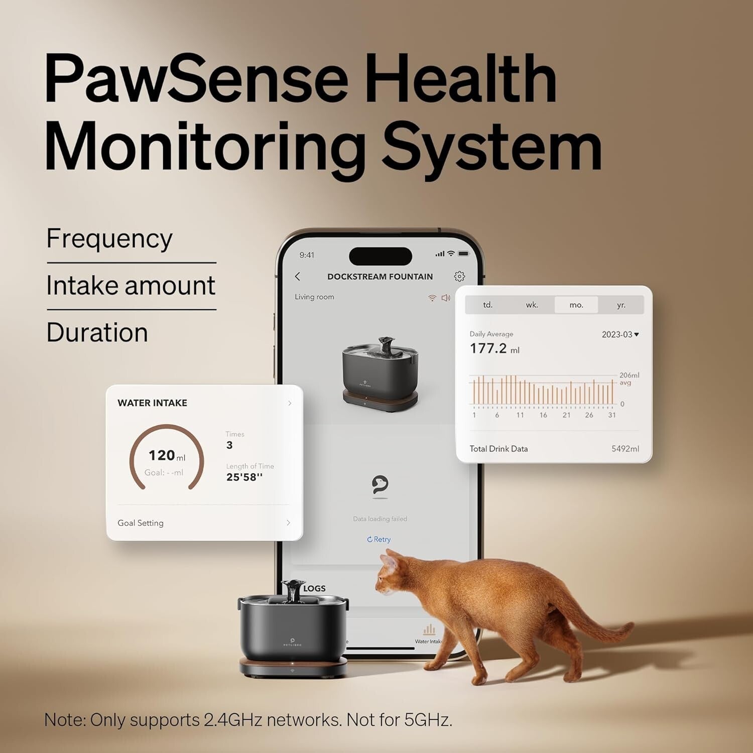 App-Enabled Pet Water Fountain - 2.5L Stainless Steel with Health Monitoring