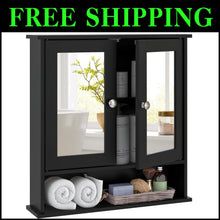 Load image into Gallery viewer, Black Wooden Bathroom Organizer with Double Mirror Doors - Space-Saving Design