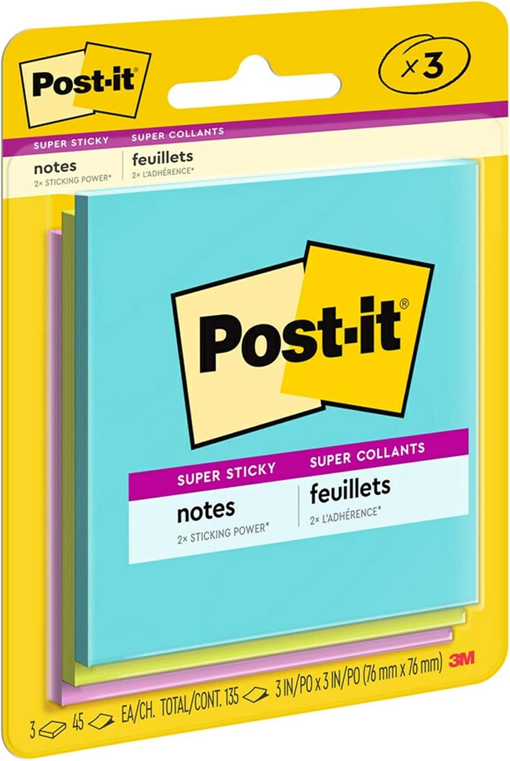 Super Sticky Notes - 3x3 in, 3 Pads, 2X Sticking Power, Neon Colors - Pack of 48