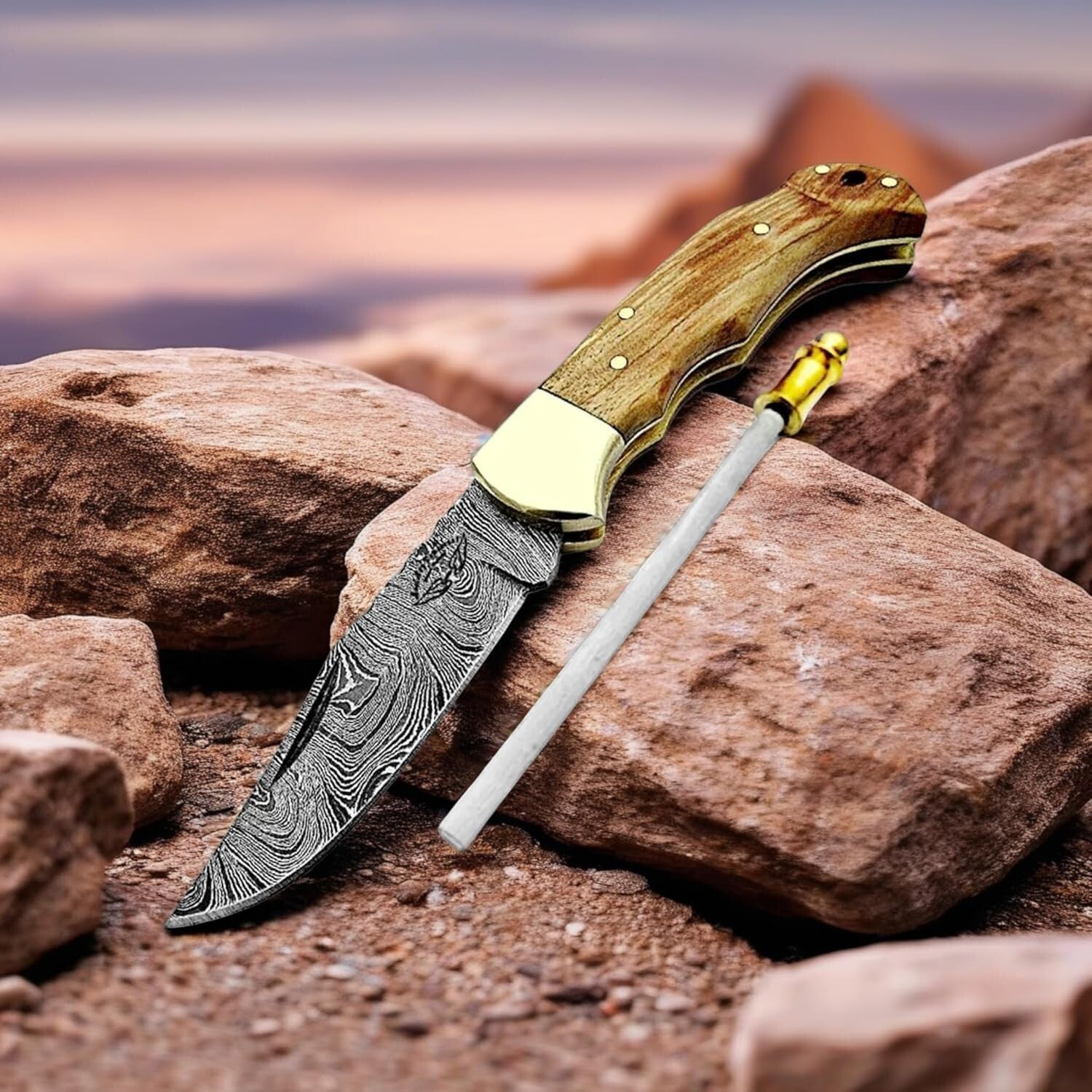 Handcrafted Damascus Steel Folding Knife with Leather Sheath - A Collector's Gem