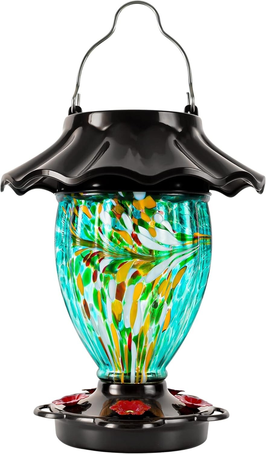 Elegant Solar Color Changing Hummingbird Feeder - 32 fl. oz Hand Blown Glass