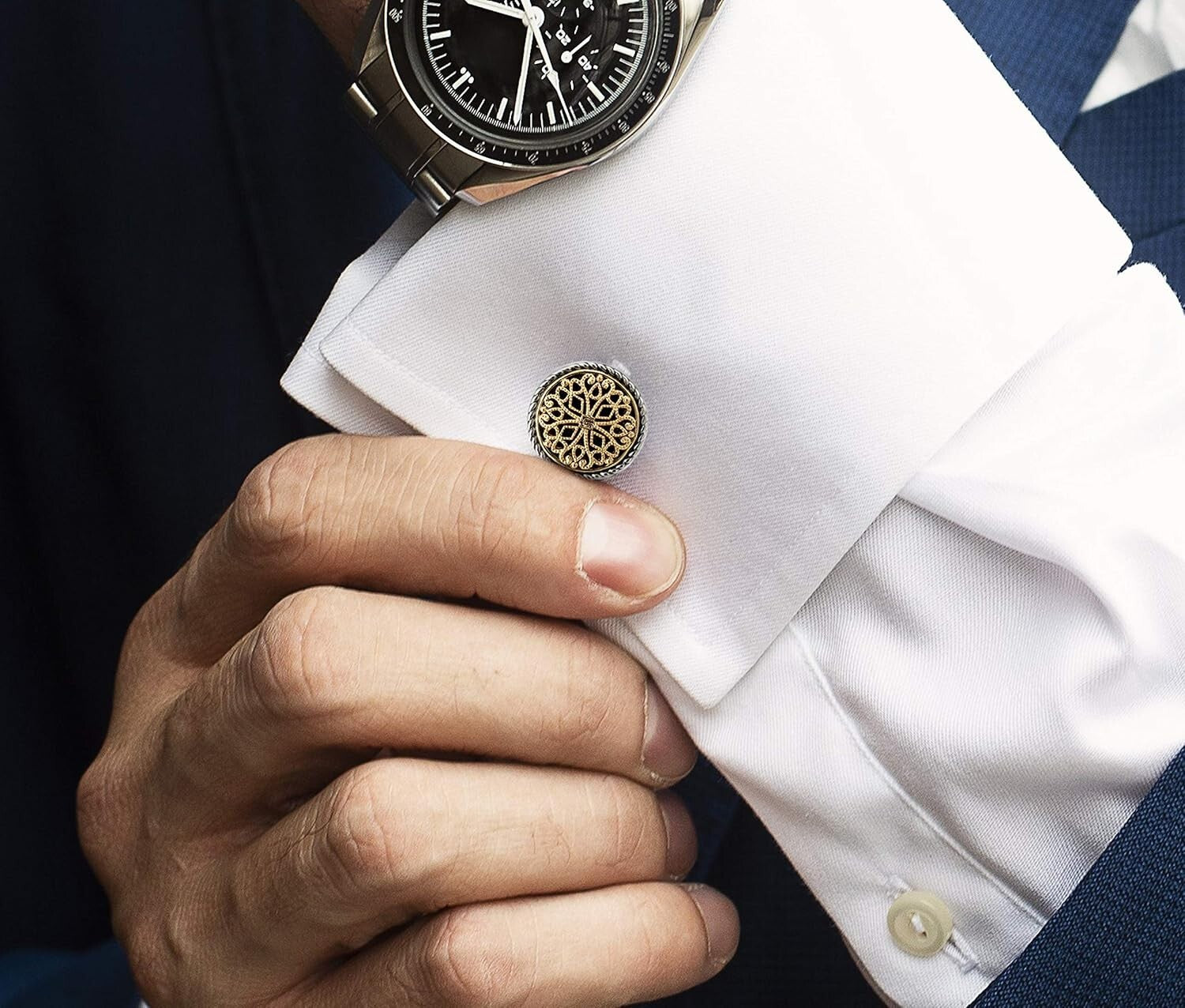 Gold-Plated Men's Cufflinks with 6 Shirt Studs - Ideal for Grooms & Fathers