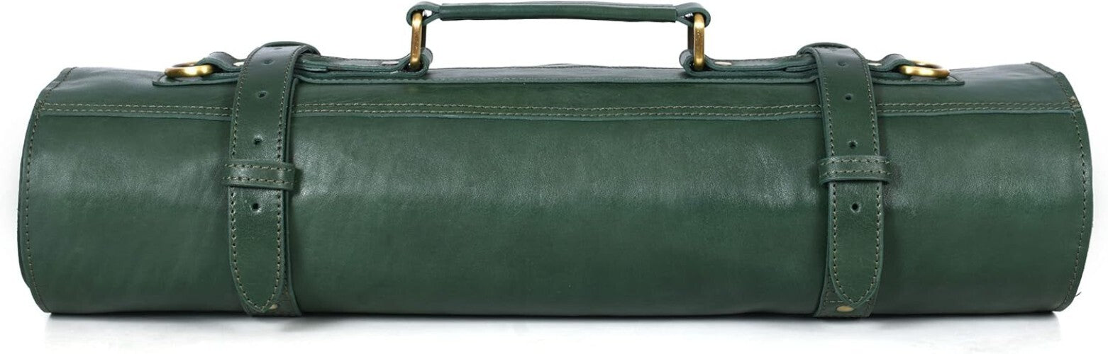Handcrafted Leather Knife Roll with 10 Slots and Elegant Zipper Pouch for Chefs