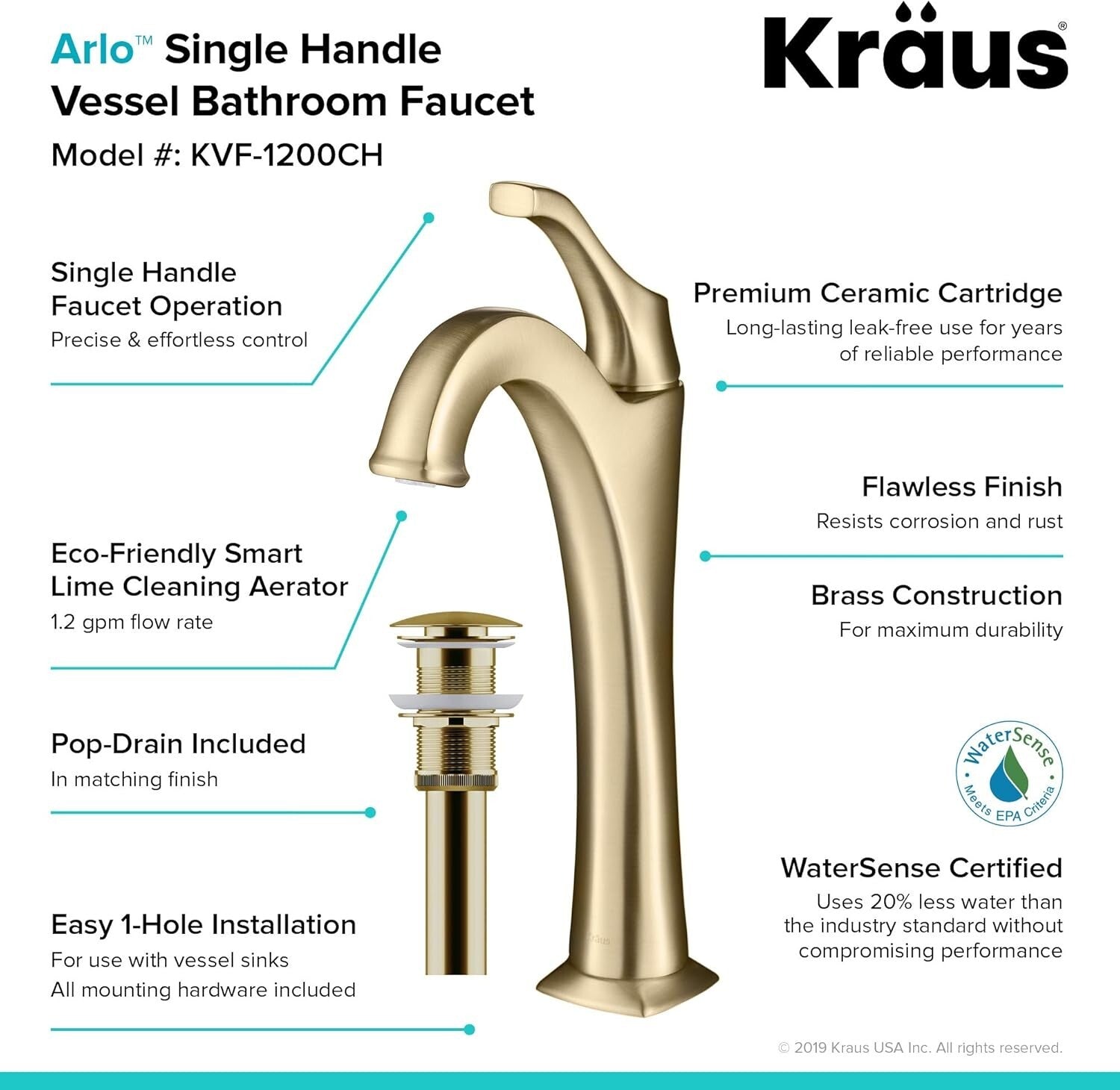 Elegant Brushed Gold Tall Vessel Bathroom Faucet with Pop-Up Drain Included