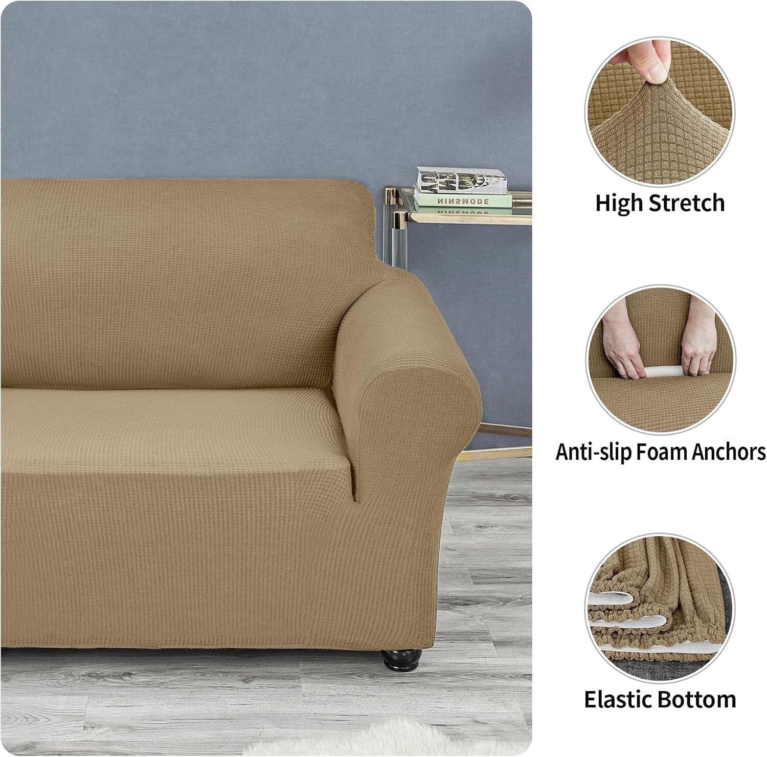 Water-Repellent Spandex Sofa Slipcover - Elastic Bottom for Secure Fit in Tan