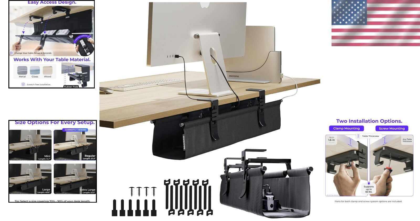 CableCare No-Drill Under Desk Cable Management Tray - Elegant Fabric Solution