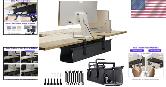 CableCare No-Drill Under Desk Cable Management Tray - Elegant Fabric Solution
