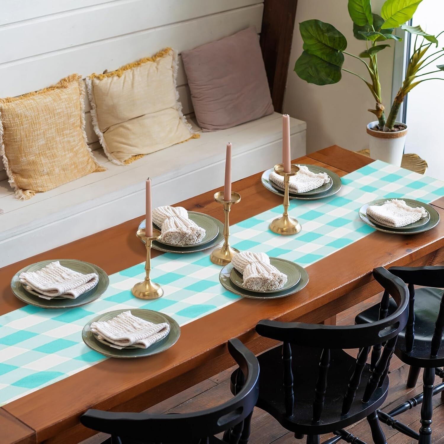Versatile Aqua Checkered Table Runners - 12-Pack, Ideal for Dining & Weddings