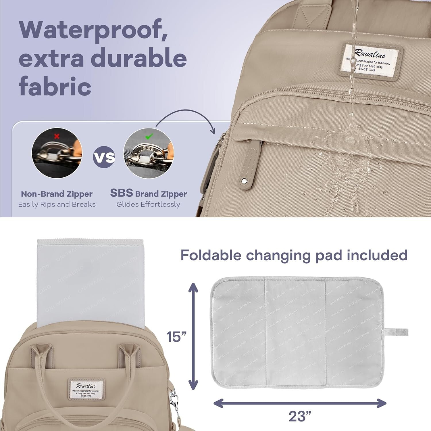 Stylish Waterproof Diaper Bag Backpack with Insulated Bottle Holders, Clay