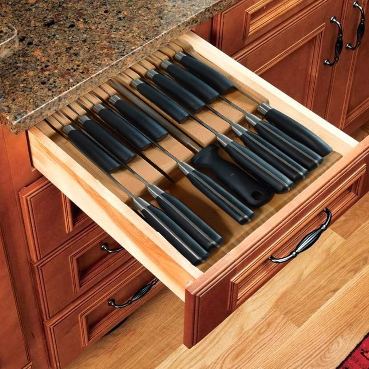 Elegant Bamboo In-Drawer Knife Block Organizer for 16 Knives - Detachable Design