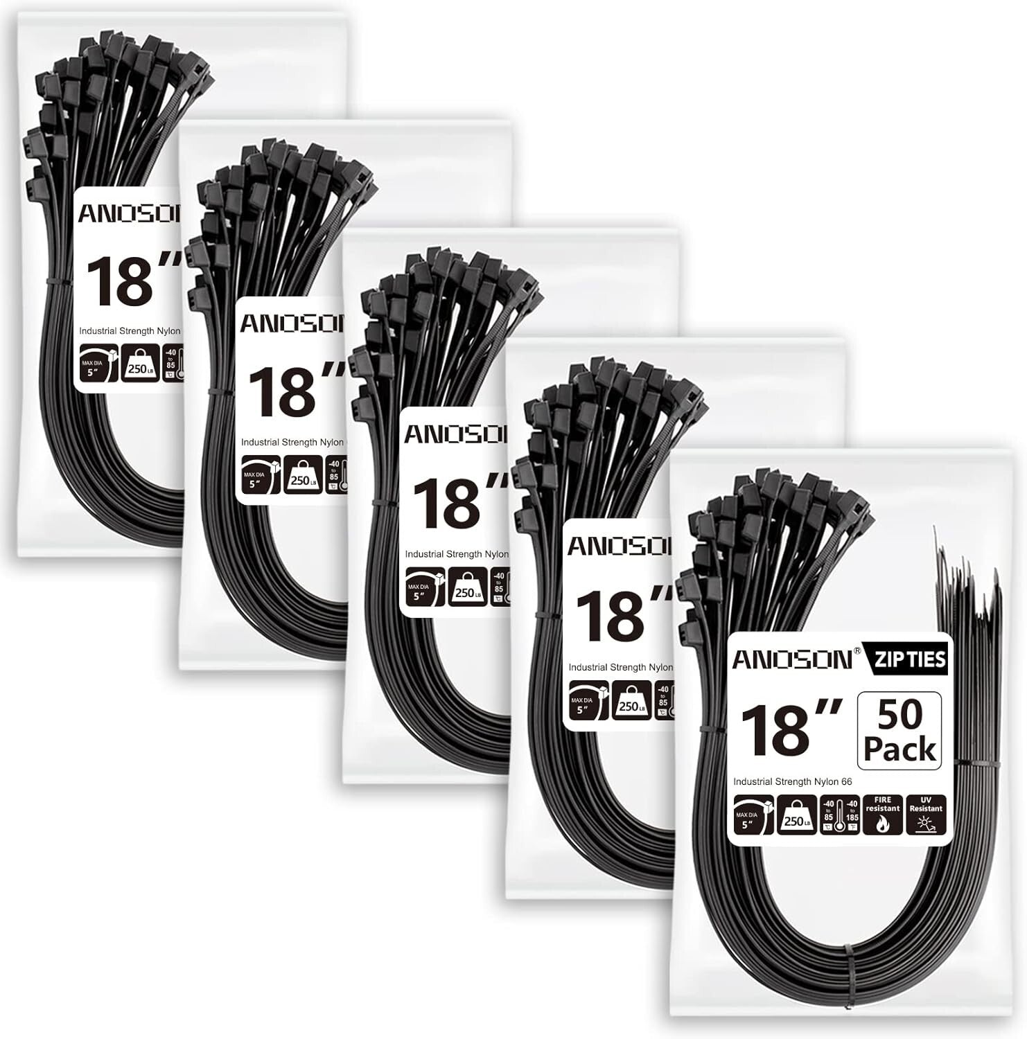 Black 18 Inch Zip Ties 250 Pack - Ultimate Strength, Indoor/Outdoor Use