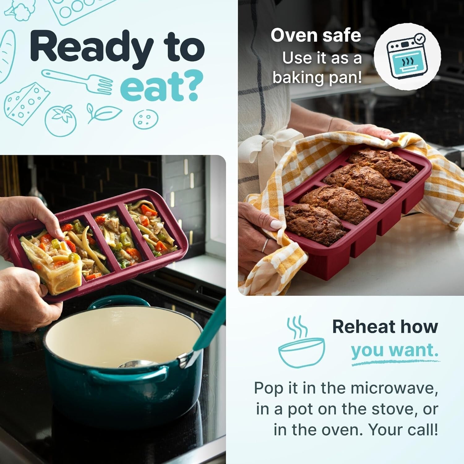 2-Pack BPA-Free 2 Cup Silicone Freezer Trays with Lids - Perfect for Meal Prep