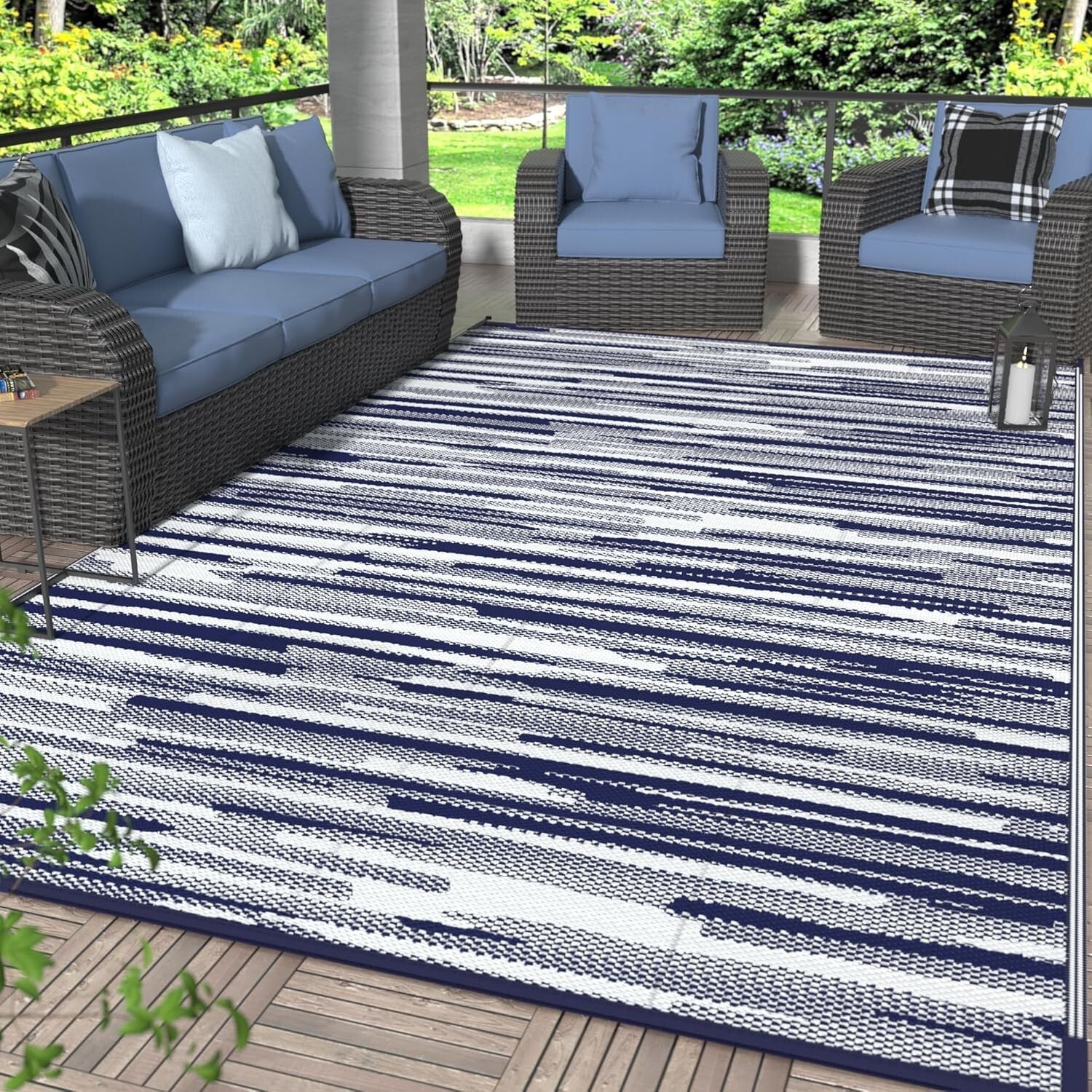 Eco-Friendly 8'x10' Waterproof Outdoor Rug – Reversible Blue & White Design