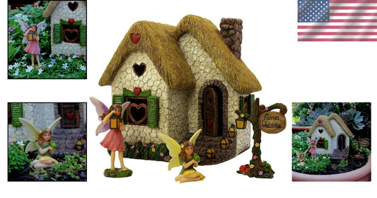7-Inch Water-Resistant Fairy Garden House Kit with Fairies & Accessories