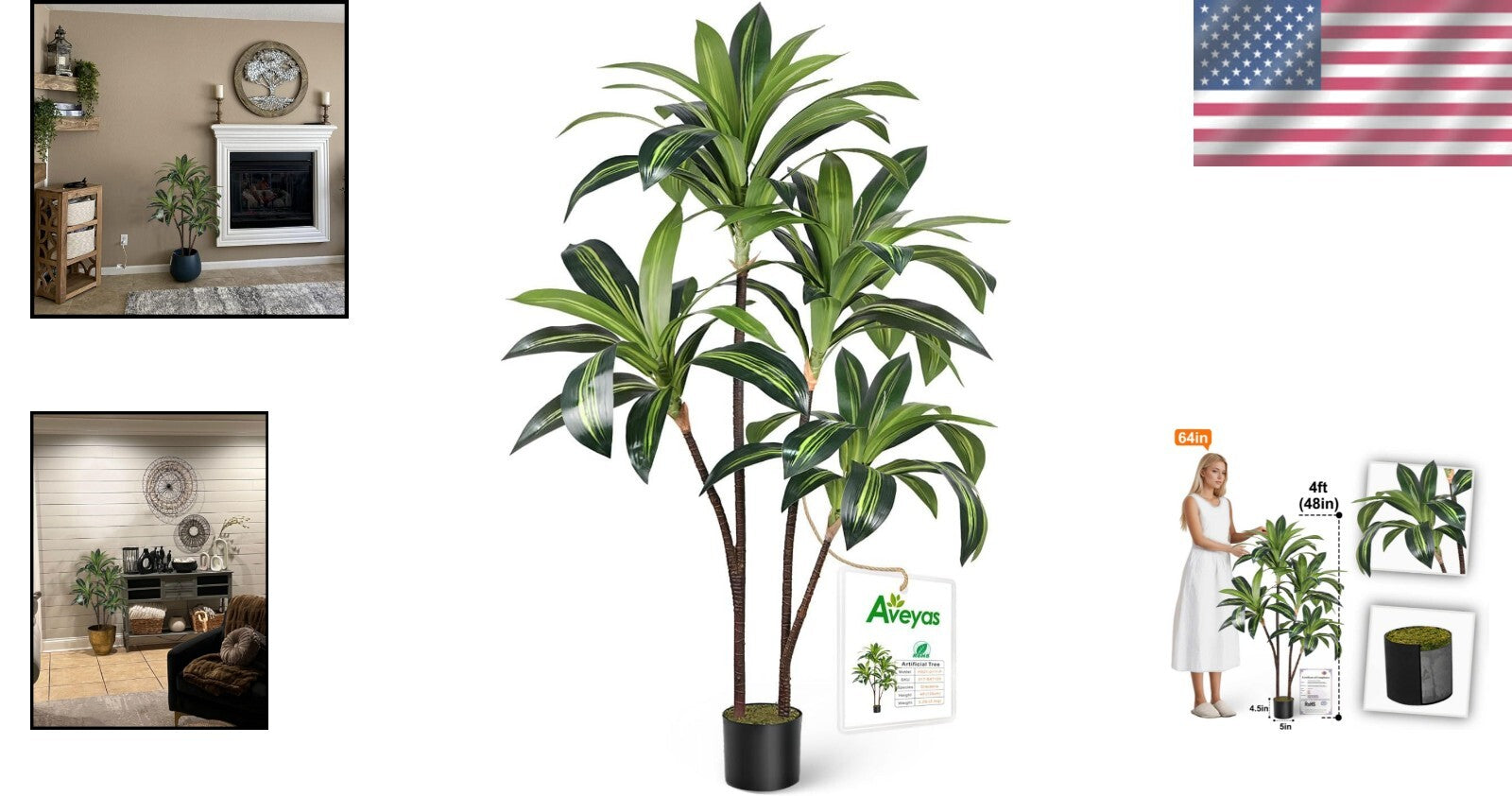 4ft Artificial Dracaena Tree - Real Touch Faux Plant for Indoors & Outdoors