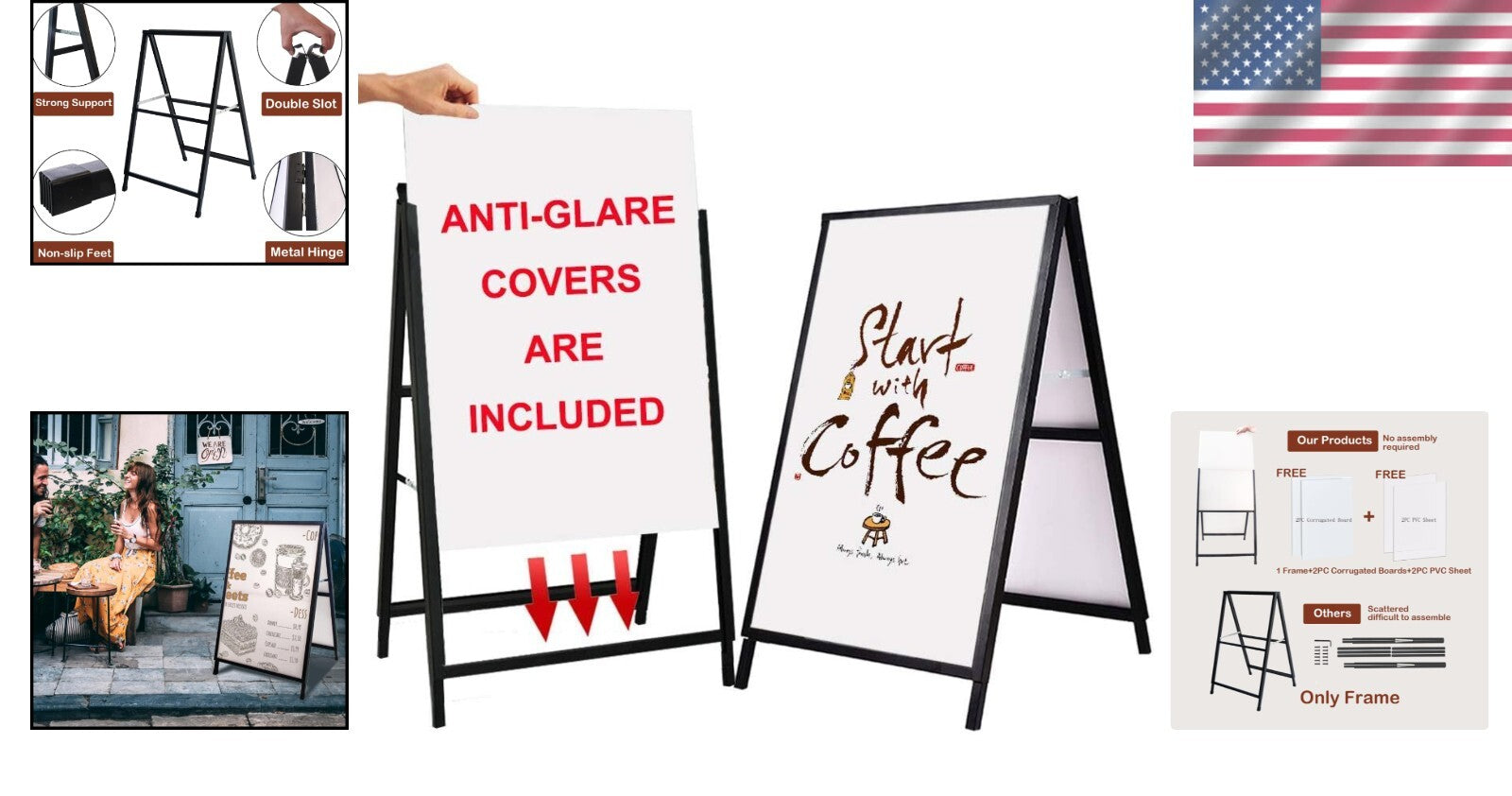 Durable Black A Frame Sandwich Board with Anti-Glare Covers for Outdoor Business