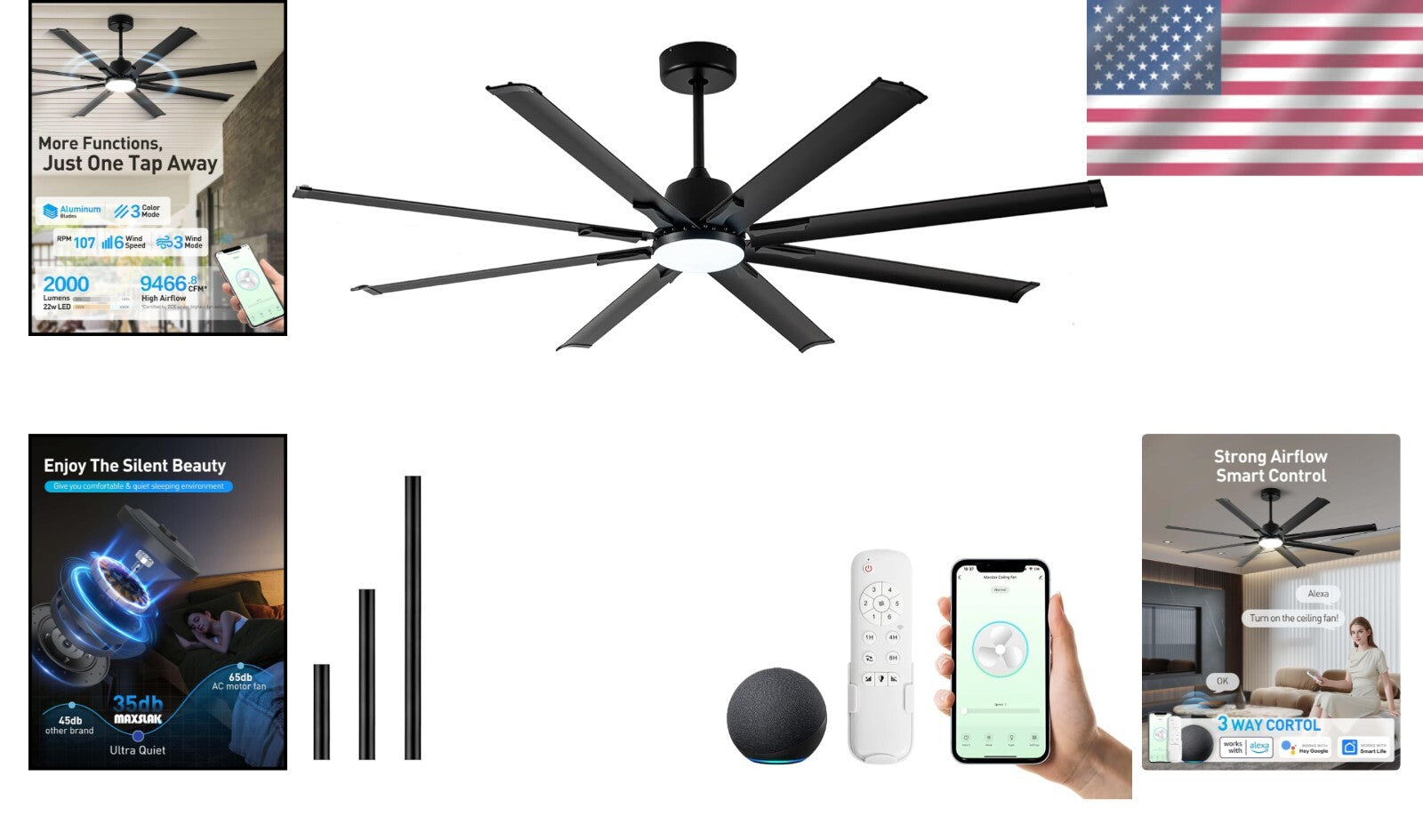 Energy-Efficient 72-Inch Outdoor/Indoor Ceiling Fan with 8 Aluminium Blades