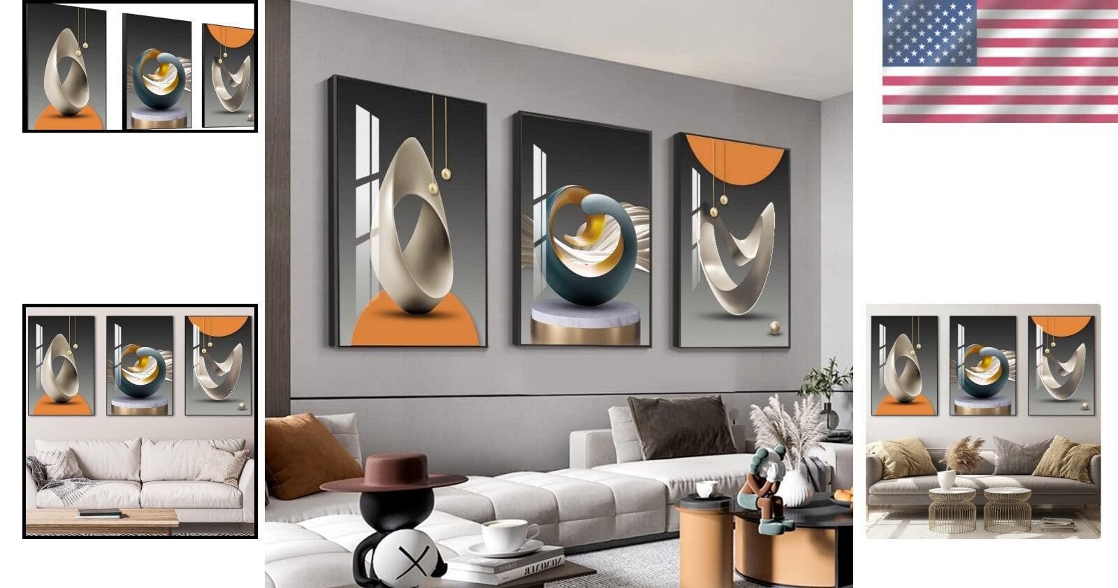 Framed Abstract Wall Art Trio - 24x32 Panels in Blue & Yellow for Home Decor